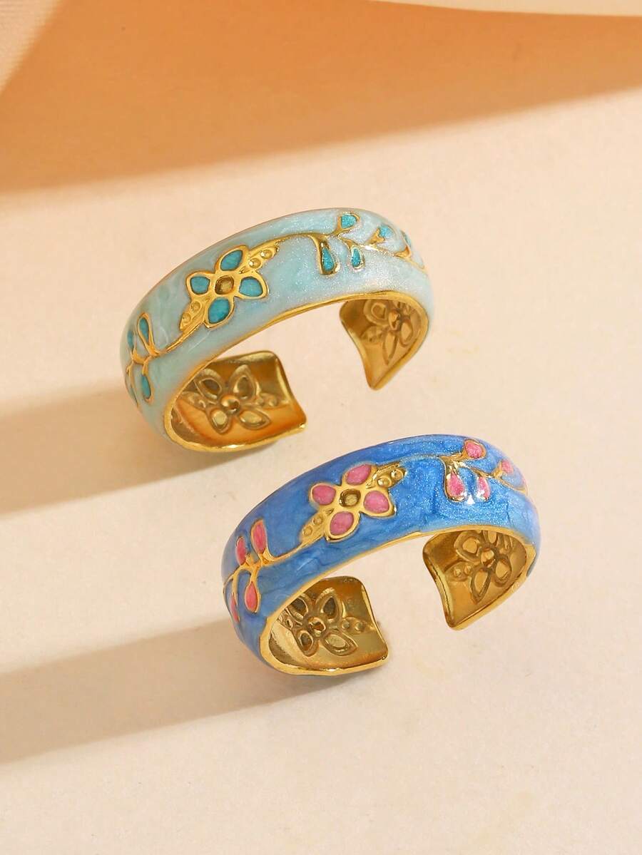 1pc 18K Gold Plated Stainless Steel Oil-Filled Flower Open Ring, Suitable For Women's Daily Wear Or As A Gift - Multicolor - View 1
