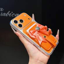 Dompet Kartu dengan Pita Satin dan Hiasan Bunga Camellia Perak, Tali Pergelangan Tangan, Kontras Dua Warna, Jendela Kamera Besar, Casing Ponsel Transparan, Dompet Saku, Tahan Guncangan dan Anti Jatuh, Pelindung Ponsel, Casing Tipis TPU Lembut Transparan Anti-Kuning, Kompatibel dengan iPhone 13 14 15 16 17 Pro Max - Jeruk - View 2