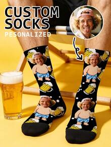 1 Pair Of Custom Socks, Love,Beer,Heart Pattern Mid Calf Socks, Personalized Funny Photo Socks, Unisex Valentine Romantic Gift Socks For Men - Multicolor - View 1
