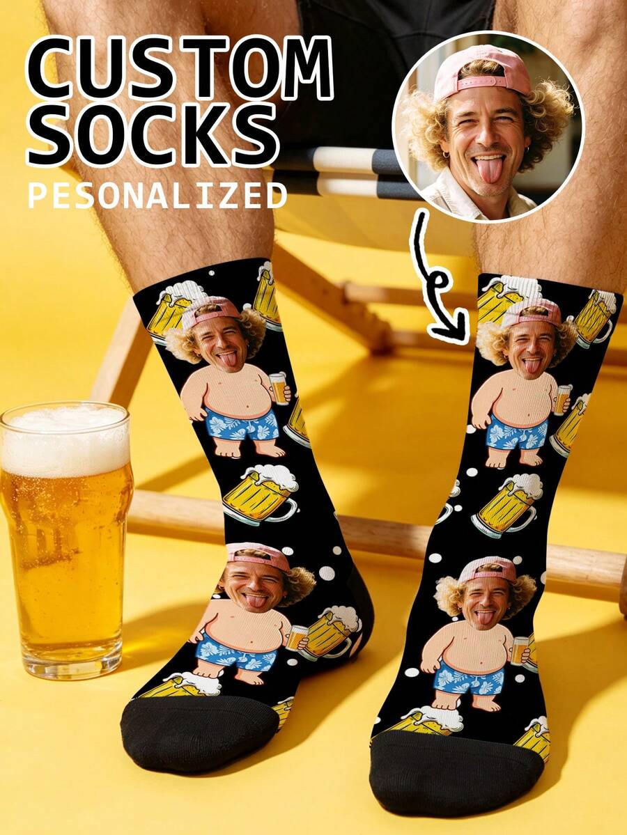 1 Pair Of Custom Socks, Love,Beer,Heart Pattern Mid Calf Socks, Personalized Funny Photo Socks, Unisex Valentine Romantic Gift Socks For Men - Multicolor - View 1