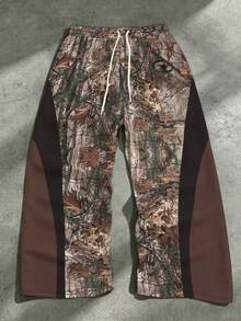 Plus Size Men's American Street Style Colorblock Wide Leg Pants, Woodland Camo Brown & Black Contrast Side, Drawstring Elastic Waist, Relaxed Draped Fit, Streetwear Long Pants For Plus Size Men - Brown - View 2