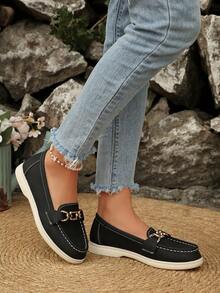 Women's Colorblock Patchwork Low Vamp Slip-On Loafers, Flat Soft Sole Slouchy Shoes, Retro Casual Commute Versatile Driving Loafers - Black - View 7