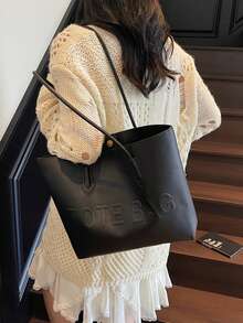 Large Capacity Tote Bag, Versatile Commuter Shoulder Bag, Underarm Bag, Premium Texture Handbag - Black - View 3