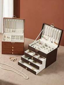 Jewelry Storage Box, Artificial PU Leather Walnut Wood 3-Layer Wooden Jewelry Box With Velvet Lining, Earring And Ring Storage Box, Large Capacity Drawer Design, Suitable For Necklaces, Bracelets (3 Layers) - Multicolor - View 5