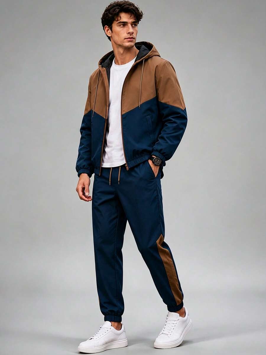 1 Set Men's Loose Brown & Navy Colorblock Sports Outfit, With Contrast Striped Joggers, Minimalist Street Style - Teal Blue - View 1