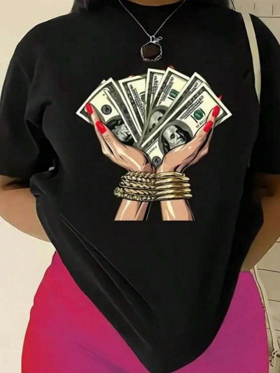 Pray For Some Money Print Crew Neck T-Shirt Casual Short SLeesve T-Shirt For Spring Summer Wo Clothing - 黑色 - 查看 1