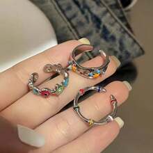3 Piecesretro Colorful Floral Star Ring With Tassel Adjustable Opening Ring Set, Party High-End Jewelry - Multicolor - View 1