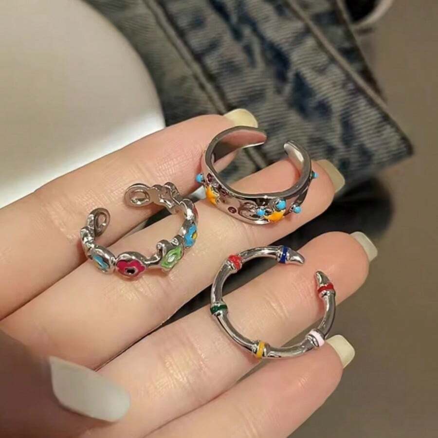 3 Piecesretro Colorful Floral Star Ring With Tassel Adjustable Opening Ring Set, Party High-End Jewelry - Multicolor - View 1
