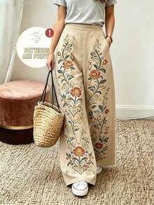 Pantalones largos casuales sueltos de pierna ancha con bolsillo bordado con flores para mujer para vacaciones - Multicolor - Ver 1