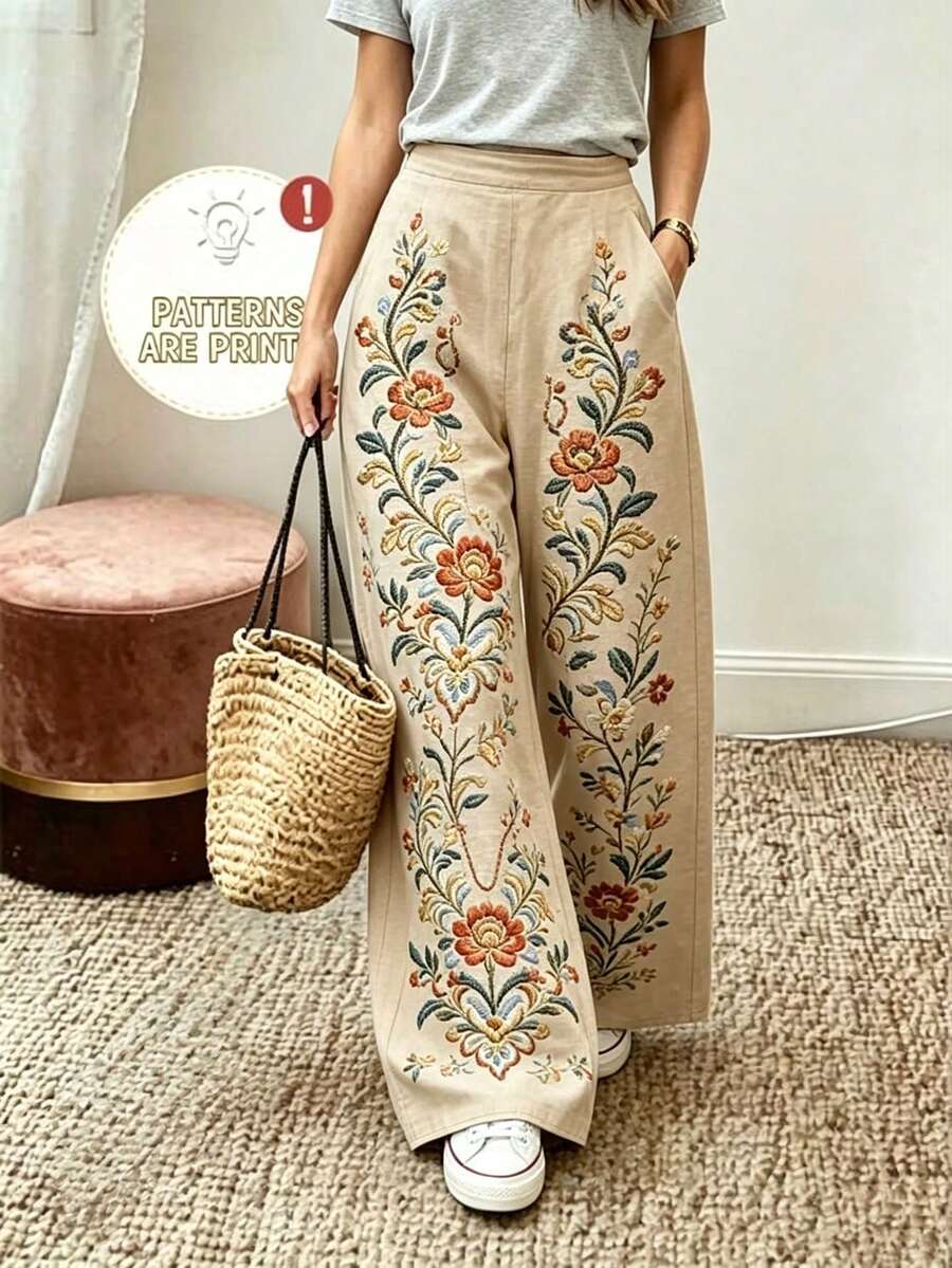 Pantalones largos casuales sueltos de pierna ancha con bolsillo bordado con flores para mujer para vacaciones - Multicolor - Ver 1
