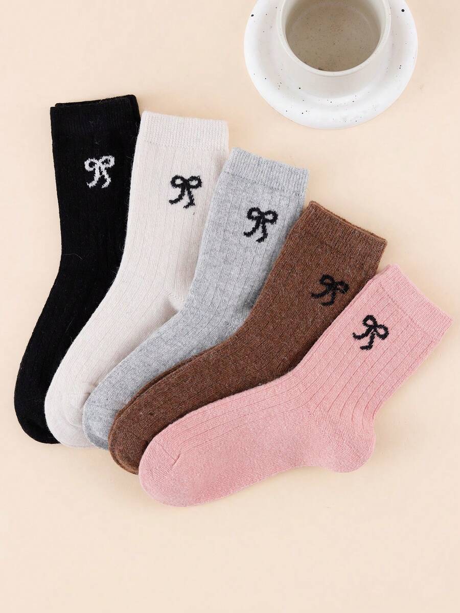 5雙女款秋冬毛絨蝴蝶結中筒襪,簡約甜美百搭款,適合日常與外出穿著 - 彩色 - 查看 1
