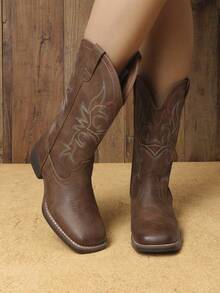 Women's Cowboy Boots Embroidered Square Toe Chunky Low Heel Mid Calf Cowgirl Western Fashionable For Theme Party Country Concert Boots - 棕色 - 查看 1