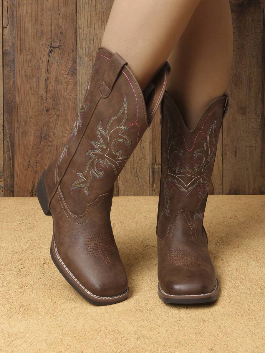 Women's Cowboy Boots Embroidered Square Toe Chunky Low Heel Mid Calf Cowgirl Western Fashionable For Theme Party Country Concert Boots - 棕色 - 查看 1