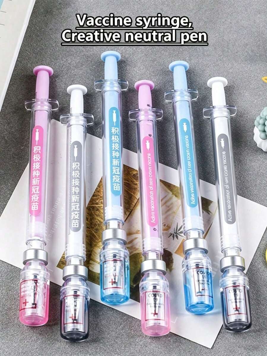 10支/1支 注射器中性筆 逼真注射器針頭中性筆，配備中性筆，用於模擬病毒；注射器設計，隨機分發黑色簽名筆與疫苗筆 [隨機中英文版]，適合學校用品、返校季 - 多款式 - 查看 1