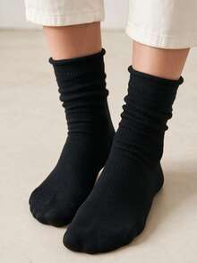 1/5 Pairs Women's Sweet Black Ruffle Soft Knit Stackable Mid-Calf Socks, Suitable For Daily Commute Wear - Black - View 2