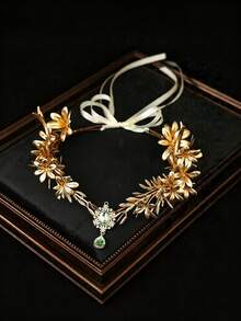 KOVLYNE 1pc Vintage Gold Floral Bridal Headband, Greek Goddess Leaf Crown With Green Crystal Pendant, Adjustable Hair Accessory, Suitable For Weddings, Festivals And Renaissance Costumes - Gold - View 2