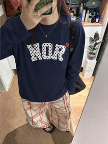 Y2K Women's Autumn/Winter New Arrival 1pc Personalized Polka Dot & Letter Print Pattern Casual Versatile Loose Long Sleeve T-Shirt Top - Dark Blue - View 5