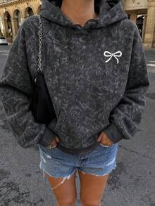 1pc Women's Navy Blue Minimalist Bow Embroidery Hooded Sweatshirt, Loose Drawstring Pocket Basic Pullover Sweatshirt, Suitable For Casual Lazy Daily Weekend Wear - Black - View 5