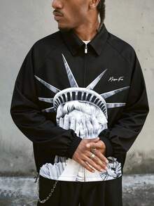 MAISONFOX Men's Street Style Statue Of Liberty Print Casual Zip-Up Jacket, Portrait All-Over Print, Spring/Autumn Outerwear, Long Sleeve, Suitable For Daily Wear - 黑色 - 查看 7