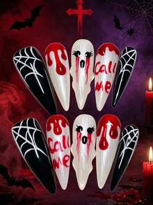 1package/10pcs-Statement Halloween Nails Edgy "Call Me" Ghost High Impact Visual | Trending Fall Festival Long Stiletto Nails For Party Queens - Red and White - View 3