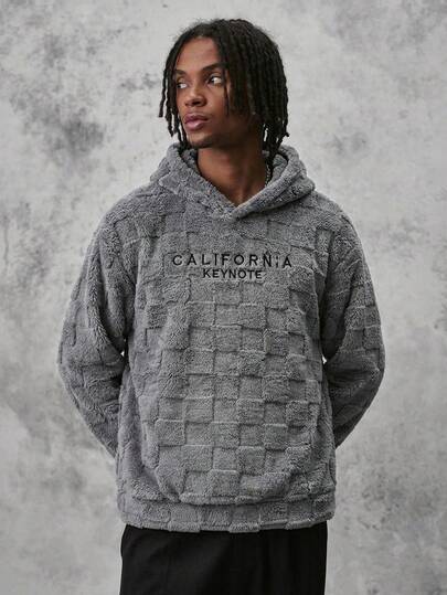 MAISONFOX 1 st herr hoodie i jacquardfleece med lång ärm, bokstavsbroderi och teddybjörn, vinterhoodie för vardagsbruk på vintern