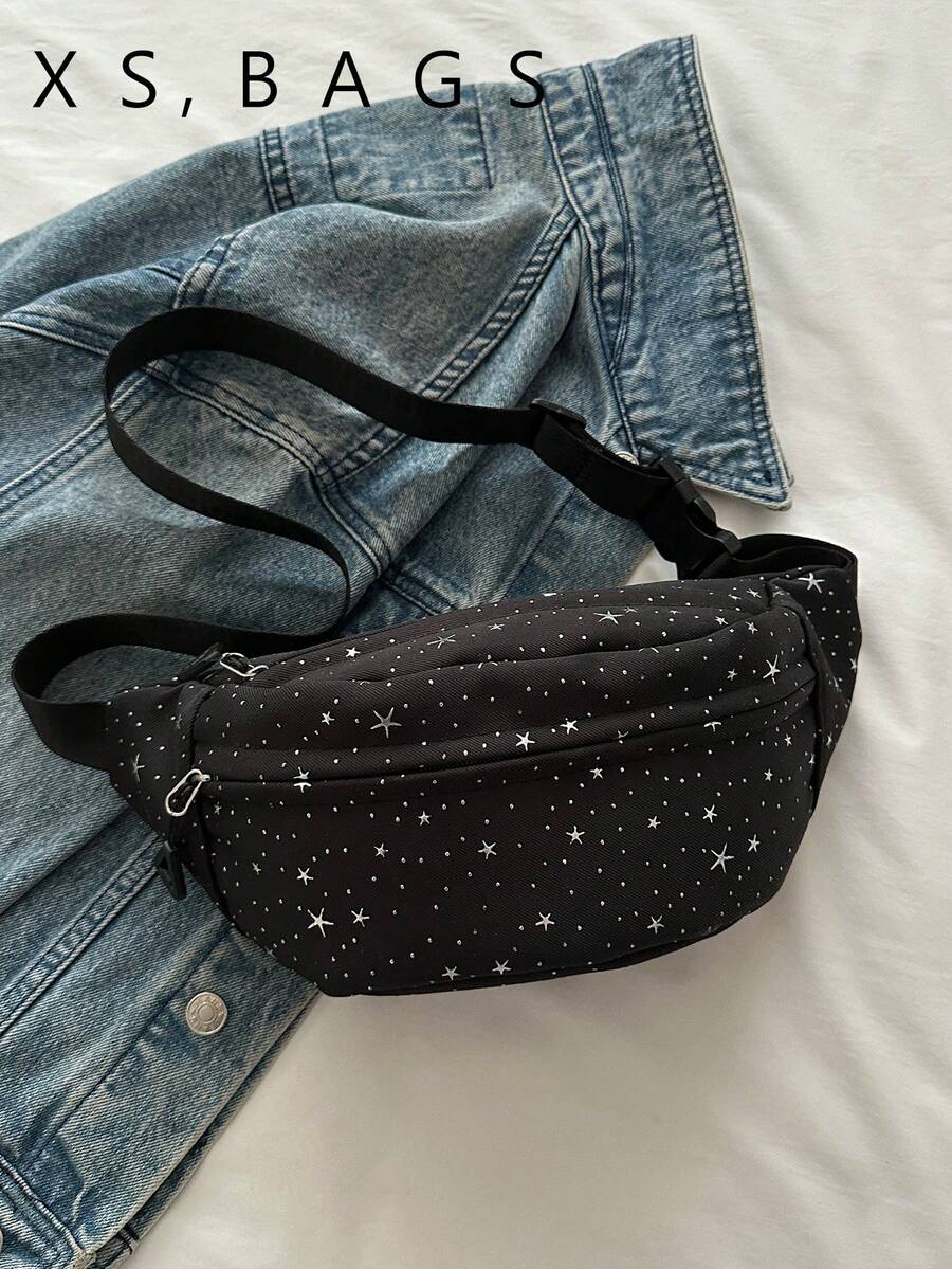 星星圖案女款斜挎包，甜美小眾風格，百搭休閒腰包，輕量單肩包，適合學生 - 黑色 - 查看 1