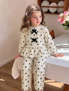 Girls Spring/Autumn 2 Pieces Set, Ribbed Texture Double Cinched Waist-Cinching Ruffle Hem Top + Matching Polka Dot Wide Leg Pants, Suitable For Multiple Outdoor Occasions - Apricot - View 2
