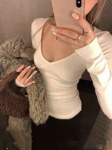White V-Neck Women's T-Shirt, 2026 Autumn New Long Sleeve Slim Fit Inner Layer Base Top - White - View 2