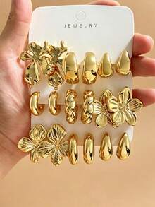 Set Anting Bunga Logam Vintage 6-18 Buah, Desain C-Hoop Tetes Air Berpilin, Cocok untuk Perjalanan Sehari-hari, Pesta Liburan, Satu Set untuk Semua Pakaian - Emas - View 10