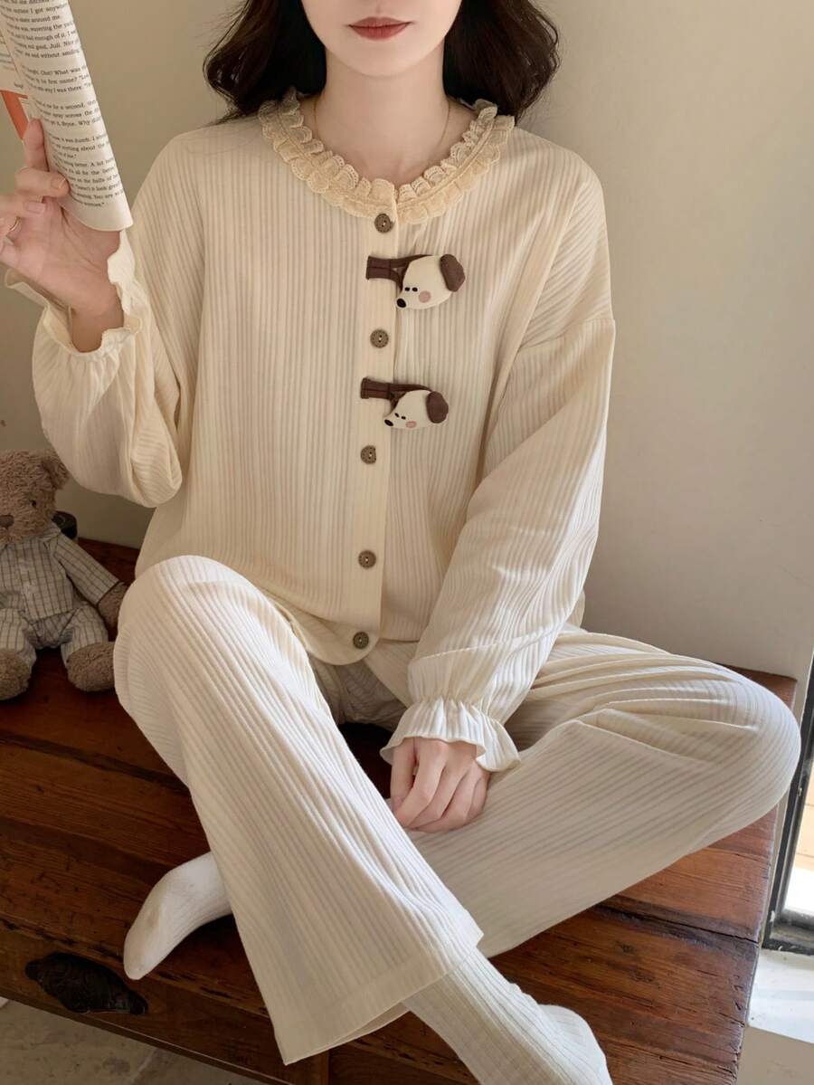 2pcs/Set Women's Pajamas Loungewear Set, Cute Puppy Pendant Solid Color Cardigan Round Neck Long Sleeve Pants, Easy Care Fabric - Champagne - View 1