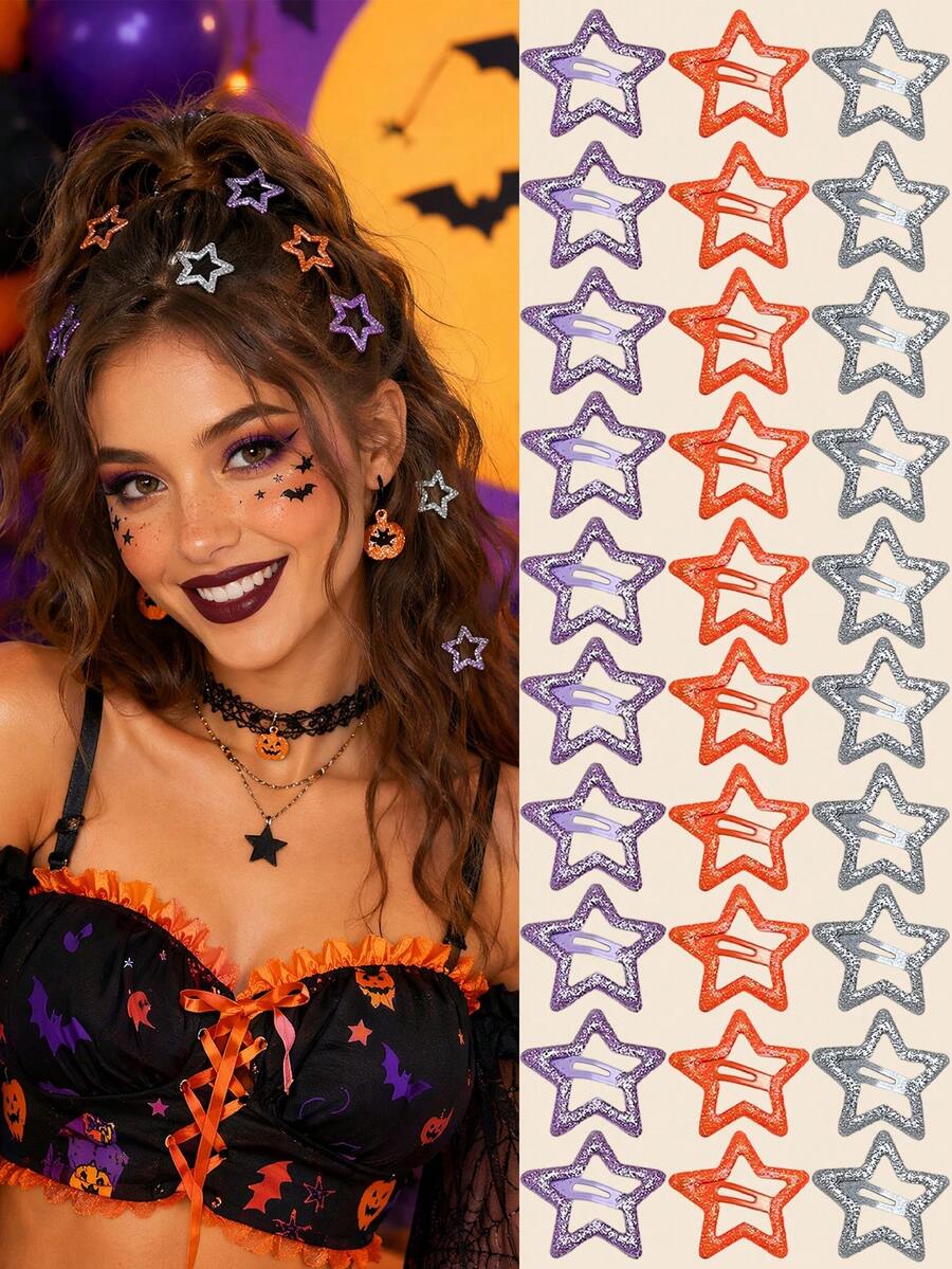 Women's Hollow Glitter Star Halloween Hair Clip Set, Y2K, Orange Purple Silver Shiny Five-Pointed Star BB Side Hair Clips, Women Girls Gothic Halloween "Trick Or Treat" Party Cosplay Daily Hairstyle Accessories, Women's Halloween Hair Accessories, Halloween Accessories, Halloween Costume, Back To School Essentials