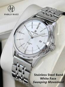 1pc Pablo Raez Stainless Steel Minimalist Men's Wristwatch, Smooth Pointer, Brand New AAA-Grade Business Men's Wristwatch, Genuine Original, Charming Luxury, Solid Steel Thick Band, Fashionable Metal Dial Design With Date Display, 50M Water Resistant, Men's Quartz Formal/Casual Wristwatch, Exquisite Gift For Friends Or Family, Father's Day Gift, Suitable For Daily Life/Work/Party Attire, Popular Clock, Birthday/Graduation/Wedding Gift - 均碼 - 查看 15