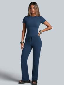 NcmRyu Conjunto deportivo de mujer de un solo color con cuello redondo, manga corta, cordón y pantalones de pierna recta - Azul Marino - Ver 10