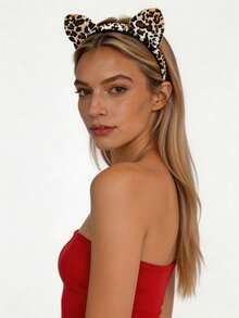 1pc Women's Vintage Leopard Print Cat Ear Headband, Sweet & Cool Style 3D Ear Headband, Fashionable Versatile Hair Accessory, Suitable For Festivals, Home Face Washing, Makeup, Hair Styling, Daily Wear, Easter Costume Prop, Halloween Headband, Christmas, Valentine's Day Party Outfit, Valentine's Day Gift For Girls - One Size Fits All - View 3