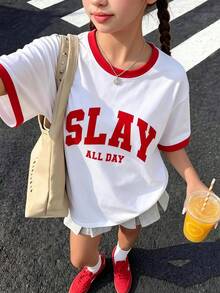 少女红白撞色短袖T恤，“Slay”字母印花，宽松透气，时尚可爱，夏季外出必备 - 紅色 - 查看 1