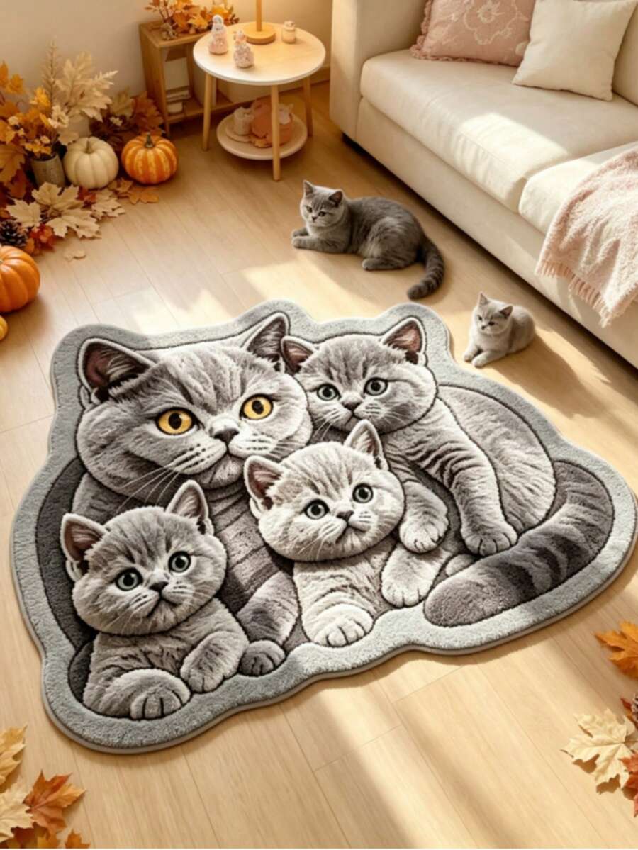 1pc Cat Family Pattern Doormat, Bathroom Mat, Bathroom Rug, Door Mat, Small Rug, Carpet, Floor Mat, Home Decor, Area Rug, Outdoor Mat, Home Decor, Area Carpet, Bedroom Rug, Washable Carpet - Multicolor - View 1
