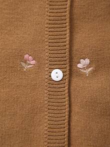 Cárdigan de punto con cuello redondo y patrón floral bordado para niñas bebés - Marrón - Ver 4