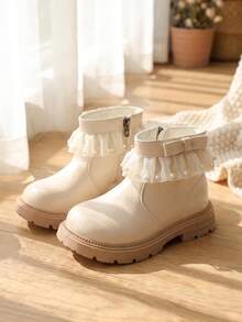 1 Pair 2026 New Girls' Mesh Pearl Ankle Boots, Bow Side Zipper Thick Sole Design, Sweet Fairy Princess Style, Suitable For Autumn/Winter Outings And Skirt Outfits - White - View 1
