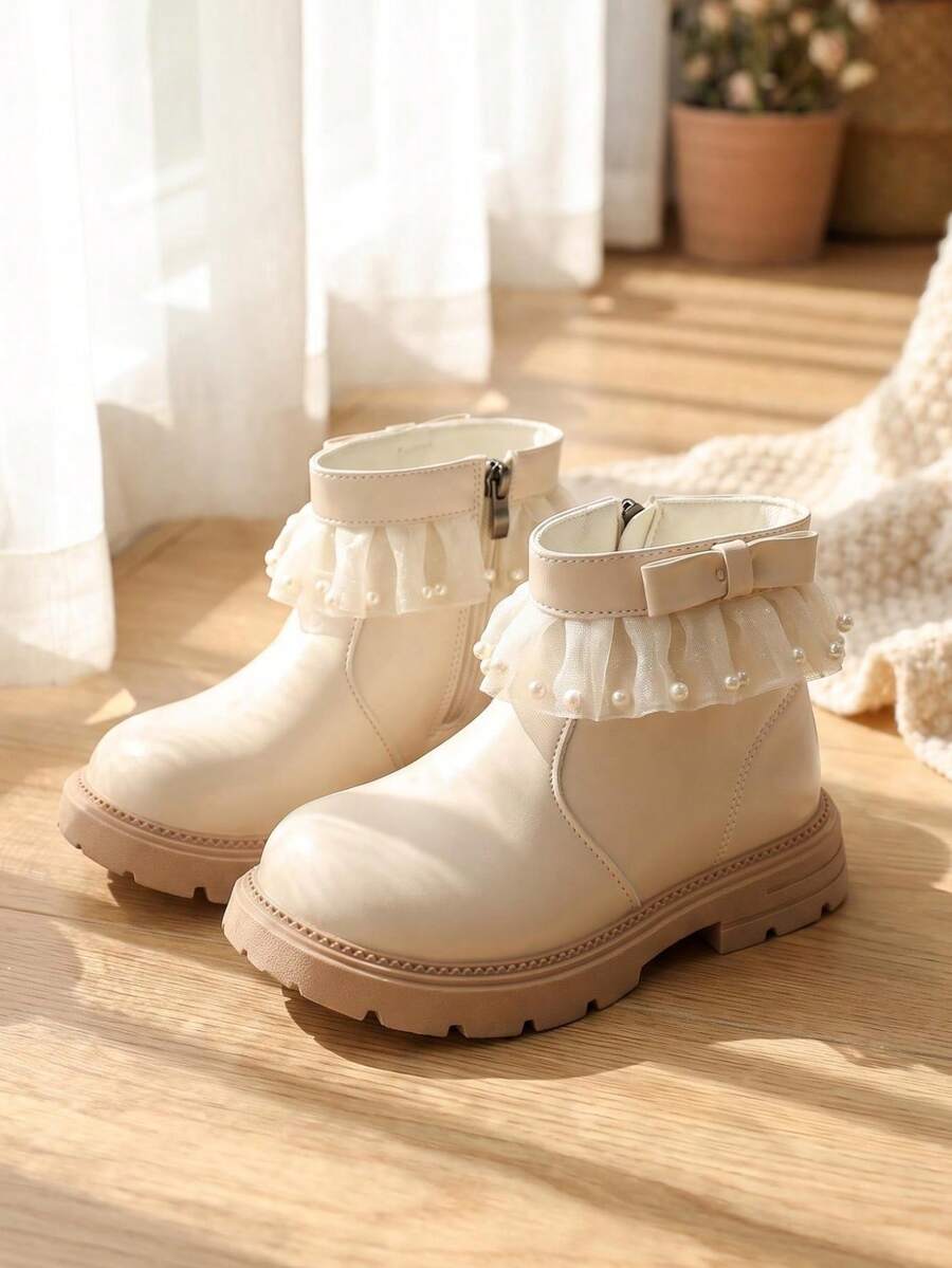 1 Pair 2026 New Girls' Mesh Pearl Ankle Boots, Bow Side Zipper Thick Sole Design, Sweet Fairy Princess Style, Suitable For Autumn/Winter Outings And Skirt Outfits - White - View 1