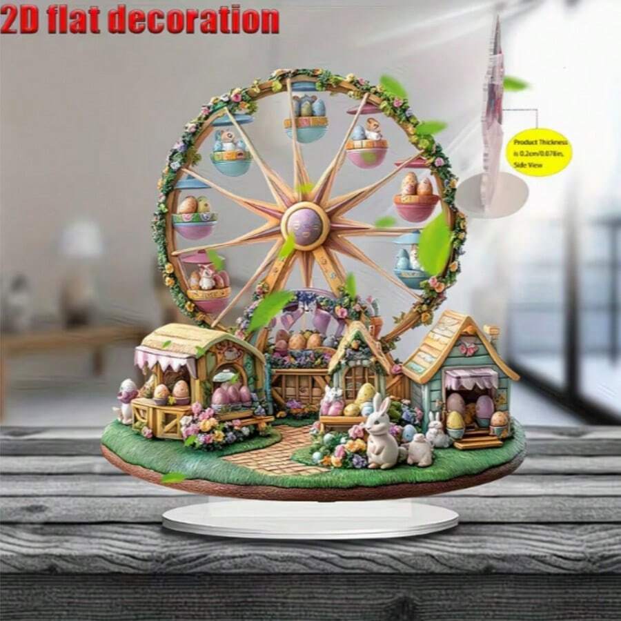 2D Flat, 2D Easter Ferris Wheel Acrylic Decoration - Colorful Animal Theme Desktop Art With Rabbit, Chick And Egg Design, Perfect For Home And Office Holiday Decor, Ideal Easter Gift, Easter Home Decor |Playful Aesthetic|Pastel Color, 2D Flat - A - View 1