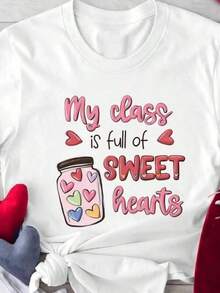 My Classsssssss Is Full Of Sweet Hearts Printed T-Shirt Summer Casual Short SLeesve Tees Fashion Oversize Soft Female Tops Clothes - 白色 - 查看 1