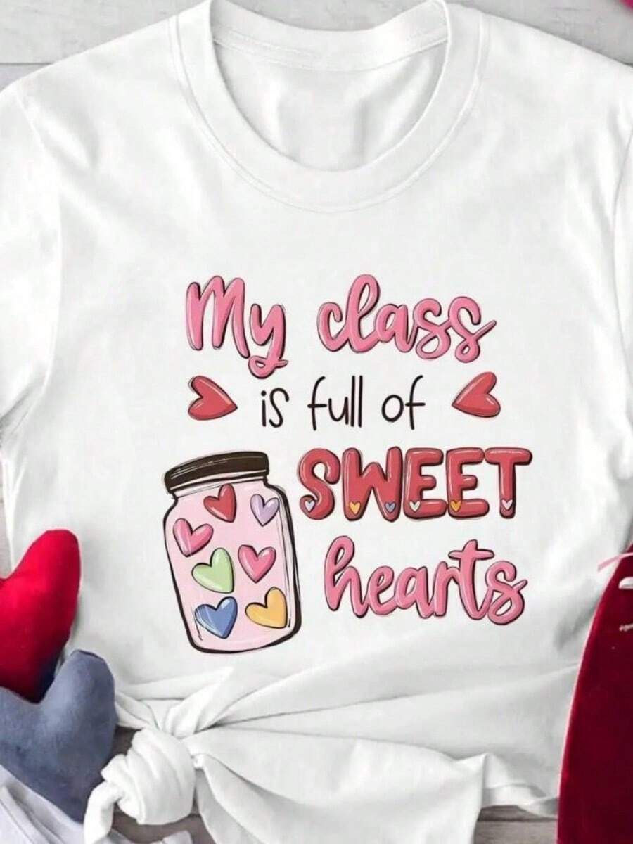 My Classsssssss Is Full Of Sweet Hearts Printed T-Shirt Summer Casual Short SLeesve Tees Fashion Oversize Soft Female Tops Clothes - 白色 - 查看 1