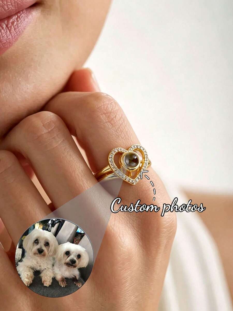Anillo de proyección personalizado con foto, anillos de compromiso personalizados con foto unisex, joyería de boda, set de 2 anillos ajustables en forma de corazón, regalo para el Día de San Valentín y Navidad