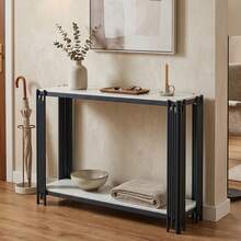 Modern Console Table With 2 Shelves, White Marble Effect Hallway Table, Black Metal Legs, Narrow Entryway Table, Decorative Table For Living Room, Hallway And Bedroom-H80/L123.5/D33.5 Cm - White+Black - View 5