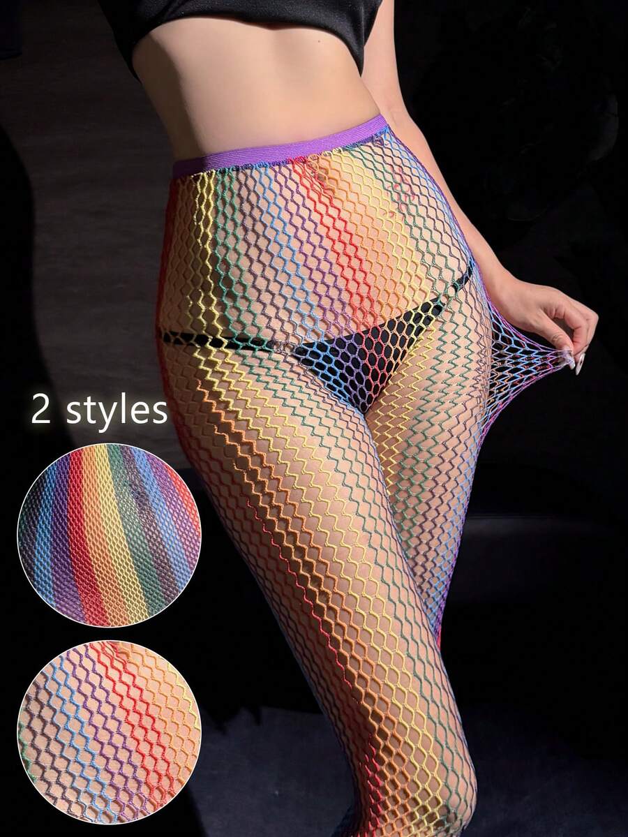 1 Pair Women 2 Styles Rainbow Gradient Fishnet Tights, Y2K Colorful Sheer Mesh High Waist Pantyhose Sexy Stretch Stockings For Club Party Night Out - Multicolor - View 1