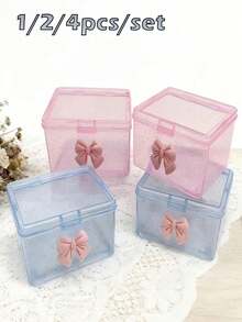1/2/4pcs Cute Bowknot Transparent Plastic Storage Boxes, Glitter Desktop Organizer, Dust-Proof Cosmetic Jewelry Stationery Small Items Storage Box, Pink/Blue - Multicolor - View 2