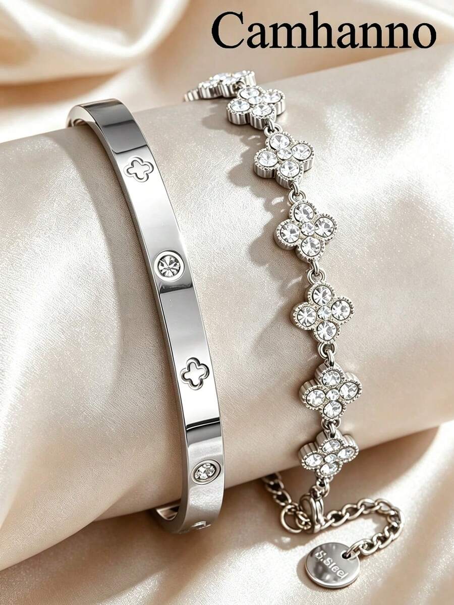 Camhanno 2件組奢華四葉花不鏽鋼手鍊,鑲嵌鋯石,適合婚禮與日常佩戴的精緻飾品 - 銀色1 - 查看 1