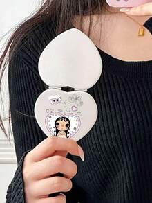 1 Piece Of Yuy Cartoon Girl Cute Leather Small PU Folding Makeup Mirror, Ins Style Cartoon Bow Print Handheld Mini Mirror Suitable For Storage Of Travel Makeup, A Gift For Family And Friends - Multicolor - View 3