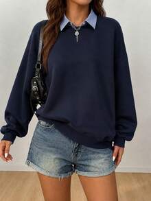 Women's Autumn/Winter New Loose 2 In 1 Sweatshirt, Minimalist Casual Fashion Versatile Top - Navy Blue - View 3