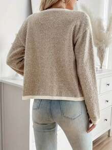 Plus Size 2026 New Arrival Contrast Trim Knit Cardigan, Long Sleeve Button‑Down Sweater With Pockets, Casual Loose Outerwear For Fall Winter - Khaki - View 3